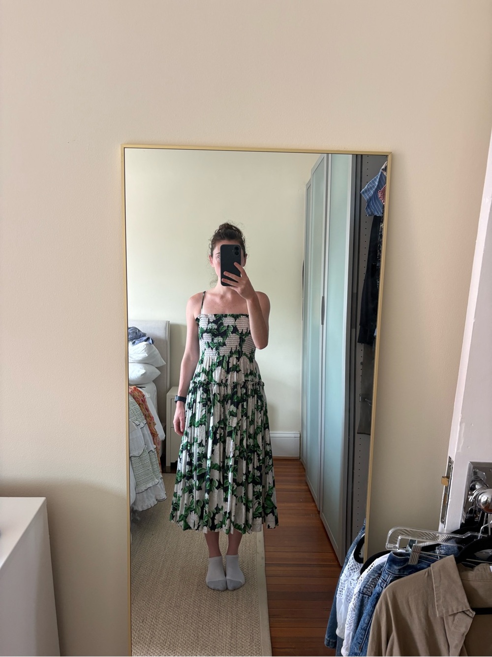 Hill House Cream Midi Dress with Green Floral Print - Picture 4 of 6